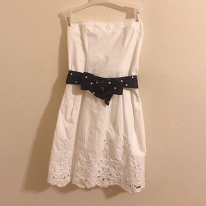 White Strapless Minidress with Navy Bow Belt!!